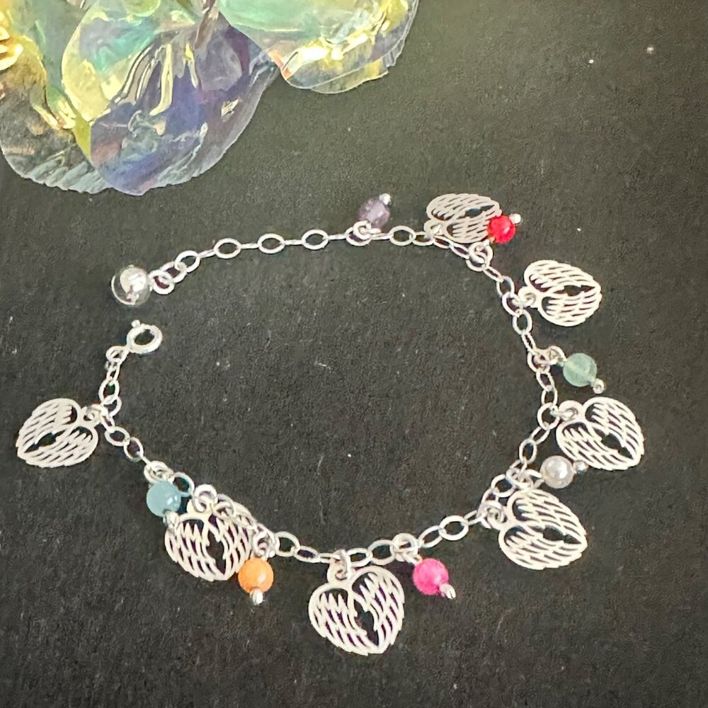 Silver 925 Bracelet With Angel Wing Charms & Chakra Stones Handcrafted Boho Desi